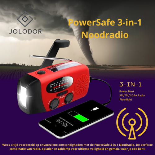 JOLODOR ™ | PowerSafe 3-in-1 Noodradio - Versterkt, oplaadt, informeert altijd