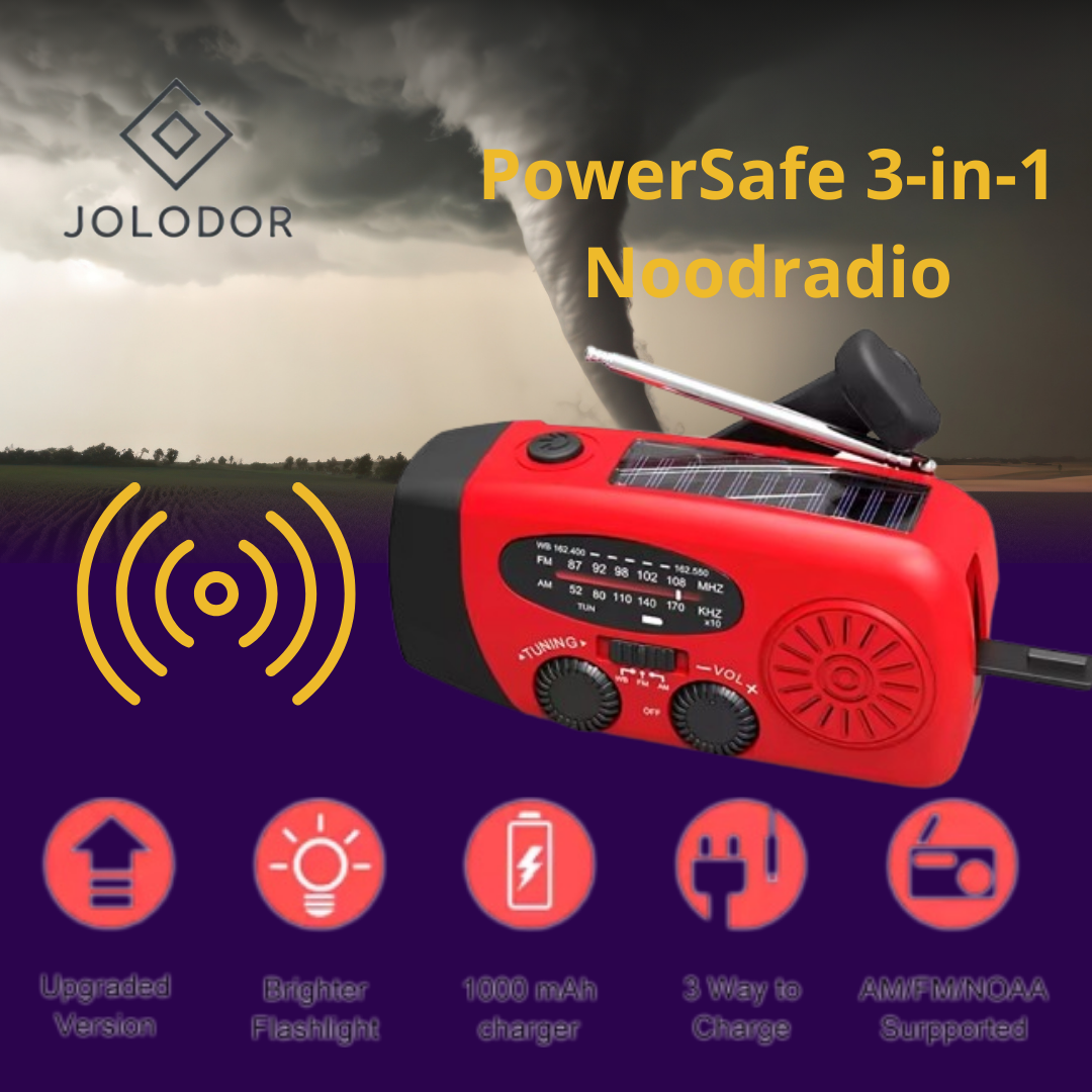 JOLODOR ™ | PowerSafe 3-in-1 Noodradio - Versterkt, oplaadt, informeert altijd