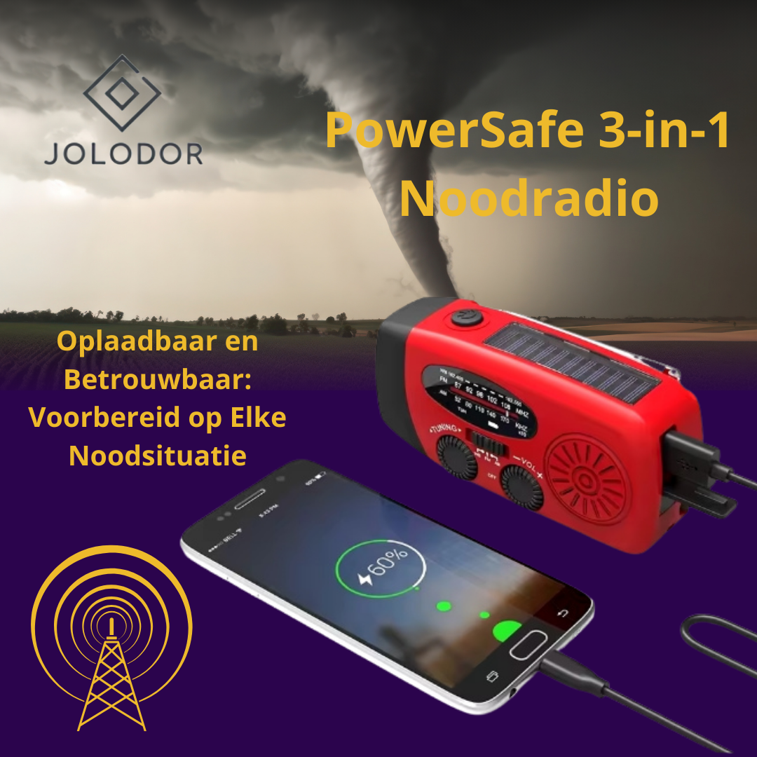 JOLODOR ™ | PowerSafe 3-in-1 Noodradio - Versterkt, oplaadt, informeert altijd