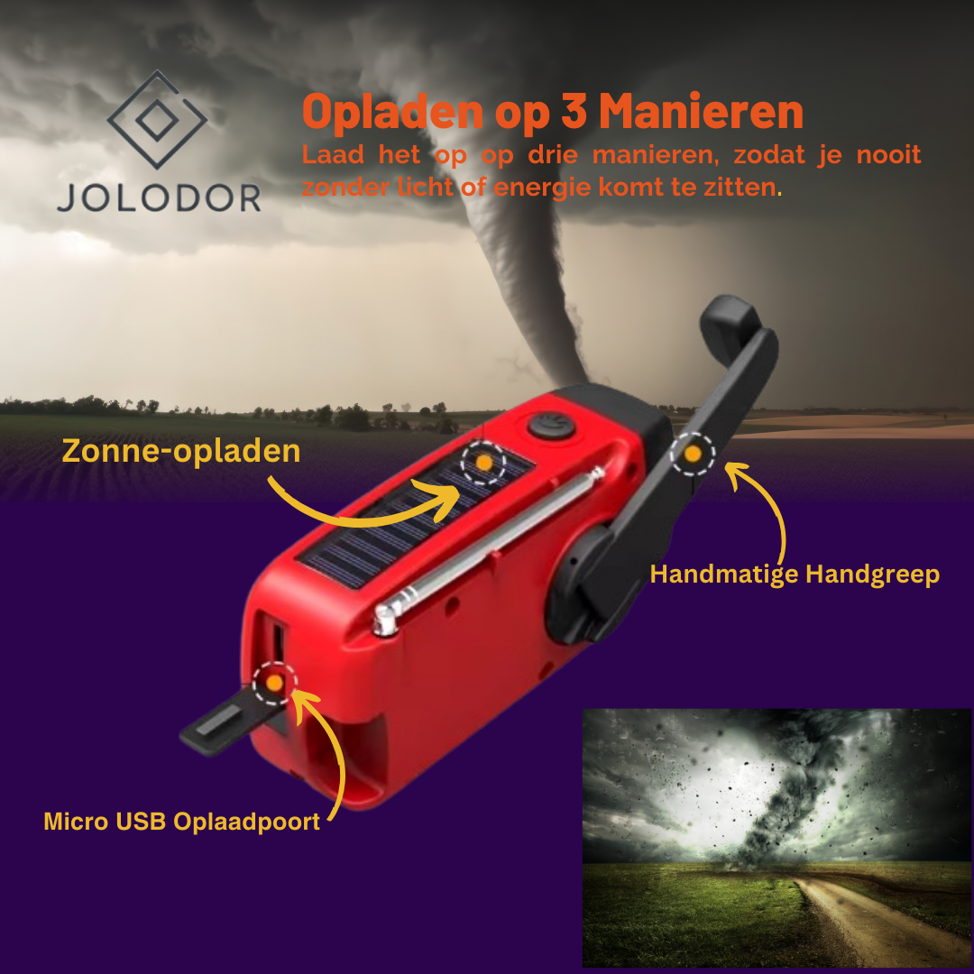 JOLODOR ™ | PowerSafe 3-in-1 Noodradio - Versterkt, oplaadt, informeert altijd